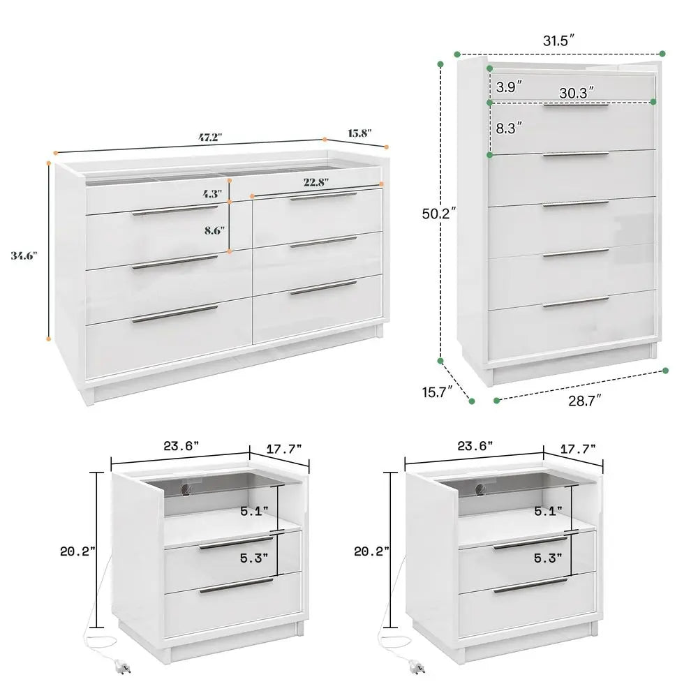 Fluted Wood Dresser Set With Nightstands And 9 Drawers