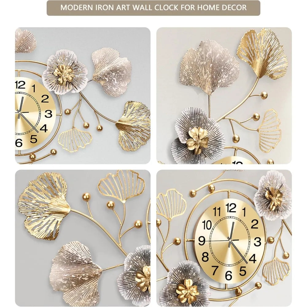 3D Silent Ginkgo Leaf Wall Clock With Retro Metal Design