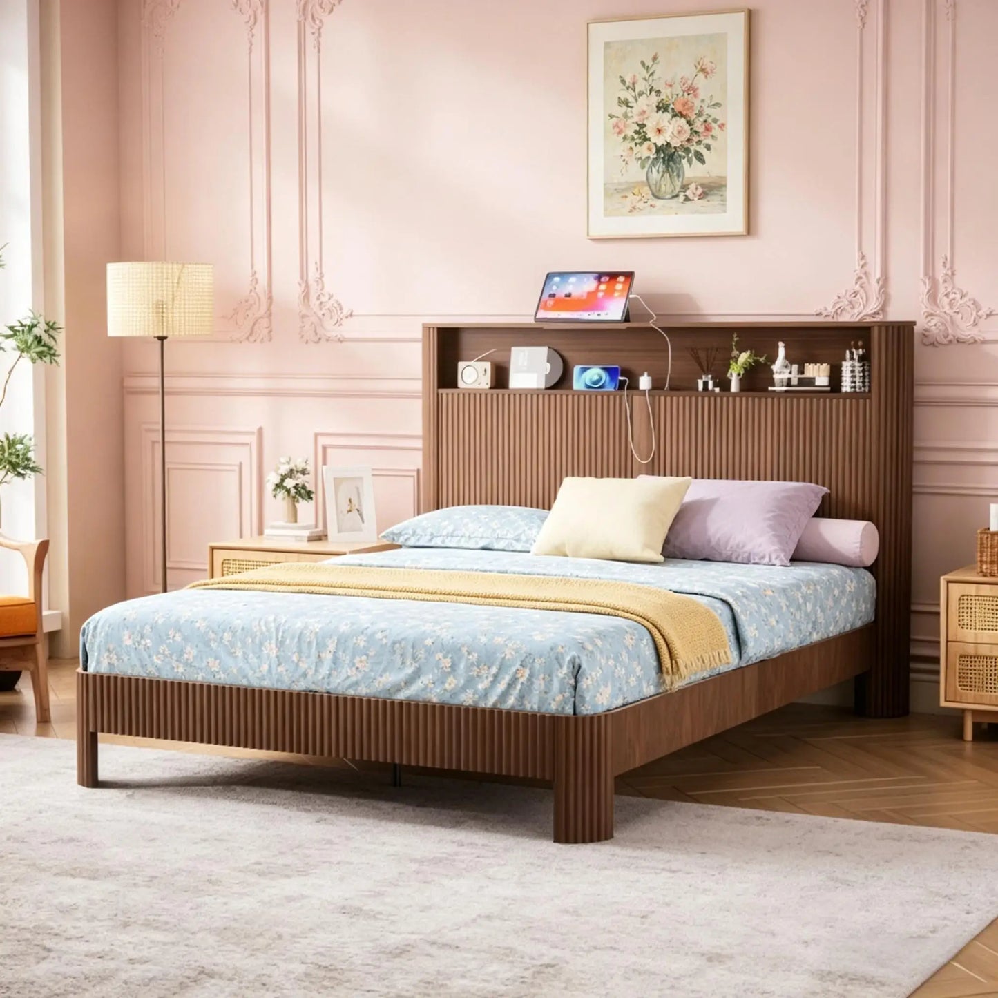 Slatted Bed Frame With Wave Design And Built In Charging Ports