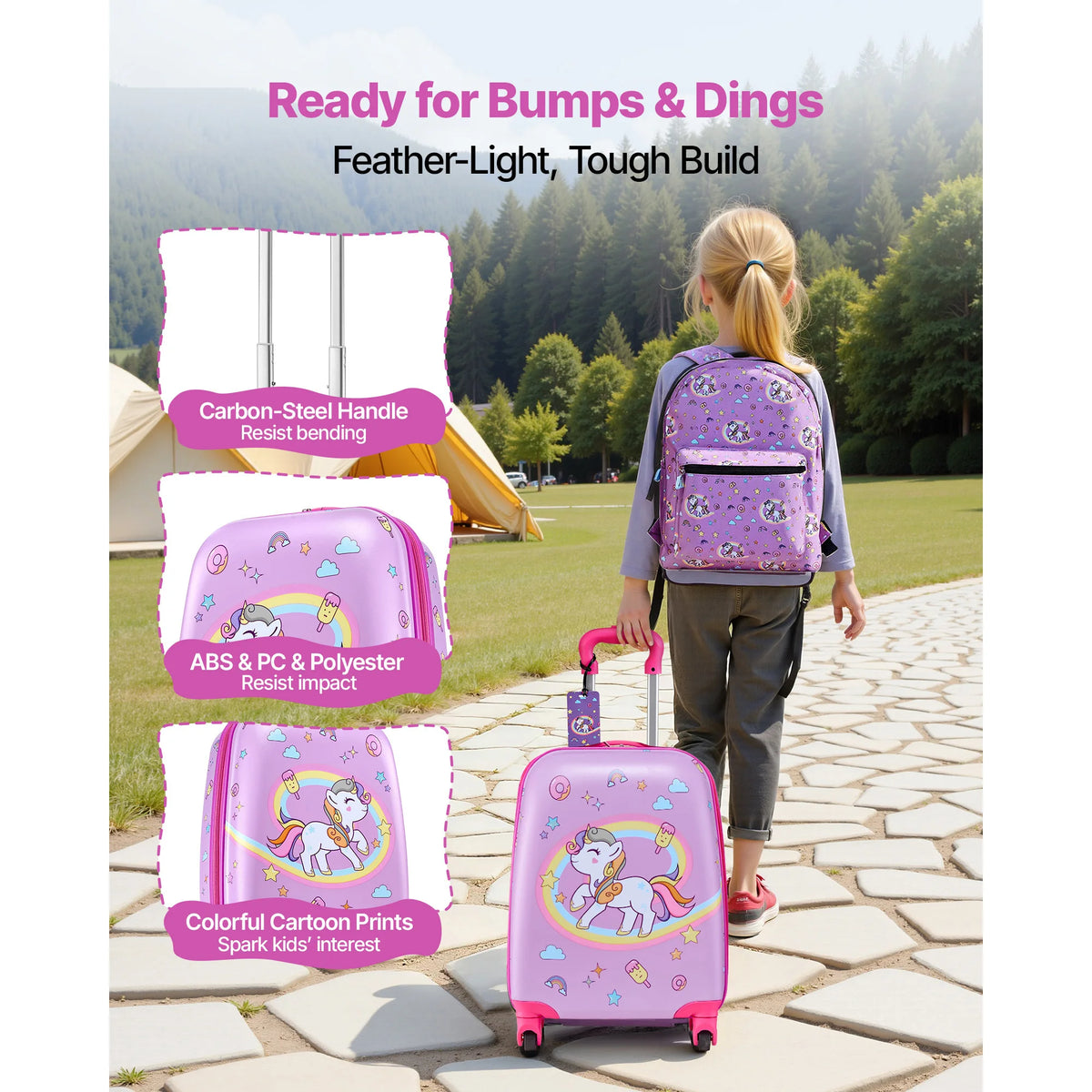 SucceBuy Unicorn Hardside Luggage Set with Backpack and Travel Pillow