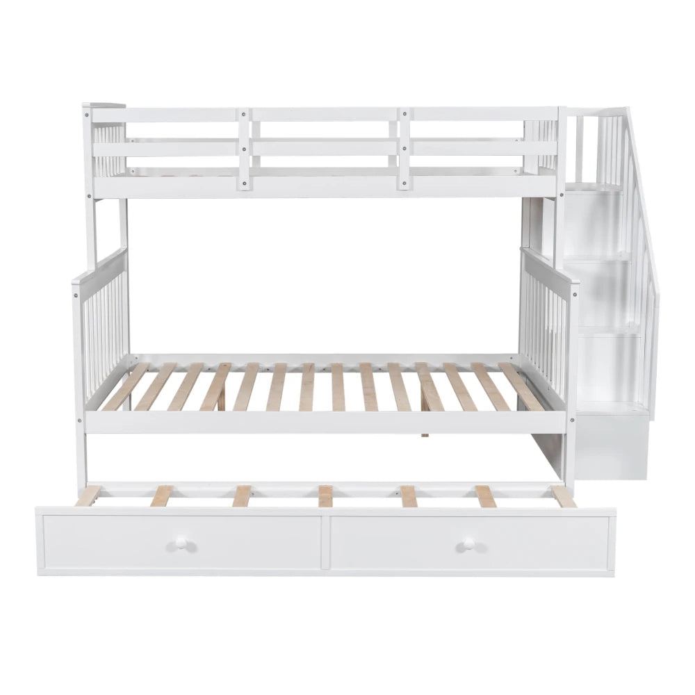 Twin Over Full Bunk Bed With Trundle Storage And Guardrail