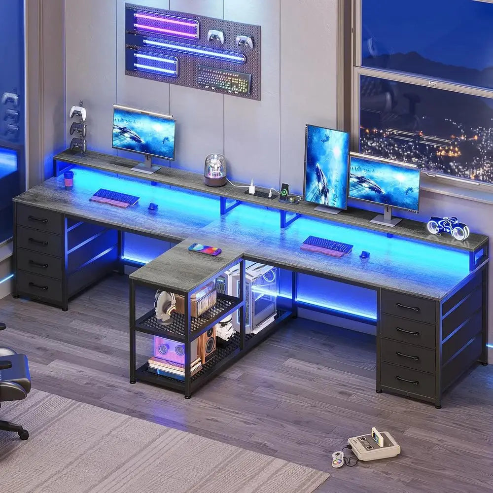 T Shaped Gaming Desk Featuring Storage And Integrated LED Lighting