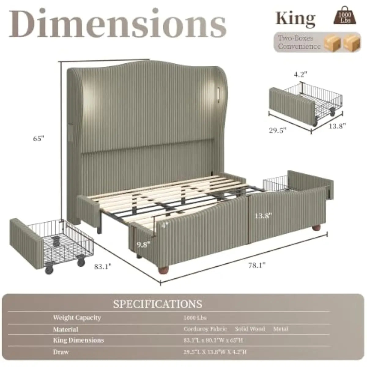 Upholstered Bed With Tall Wingback Headboard, LED Lighting And Storage