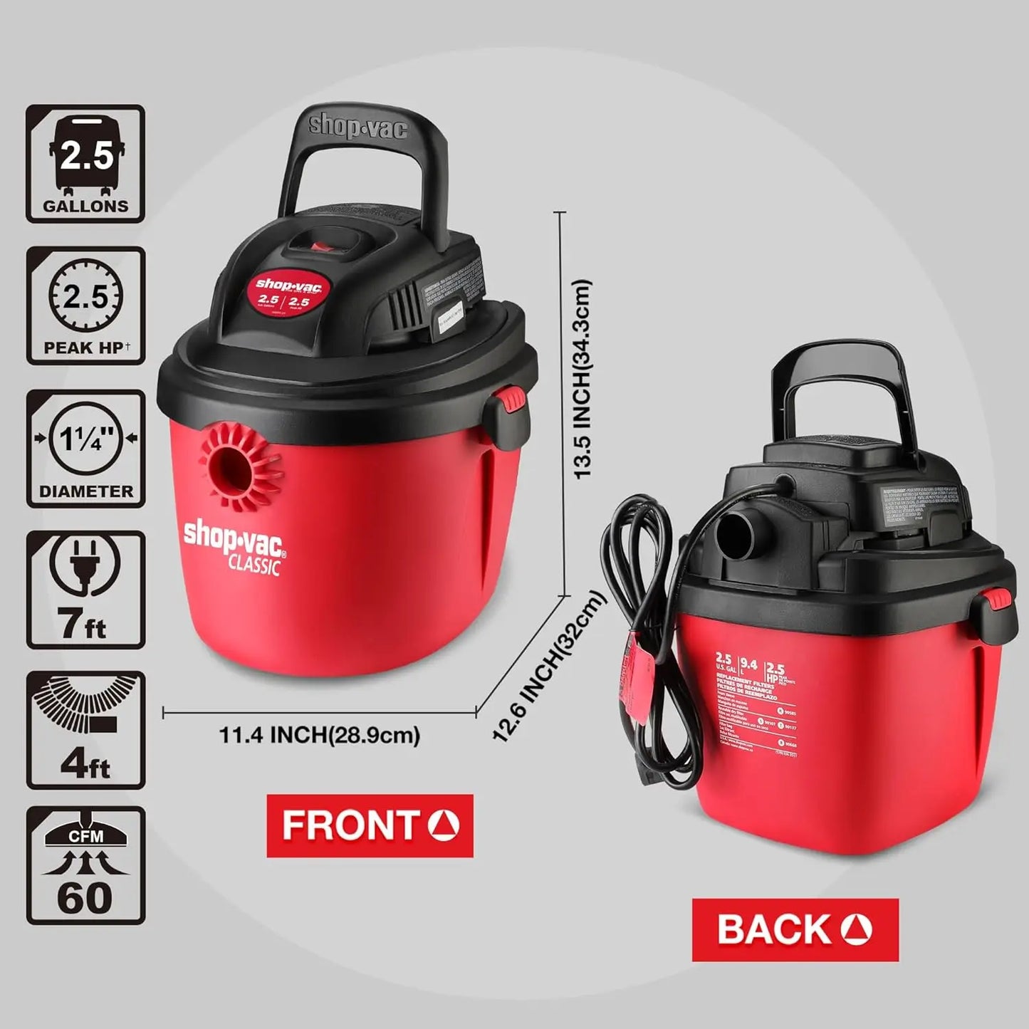 XMSJ 2.5 Peak HP Wet Dry Vacuum Portable Collapsible Handle
