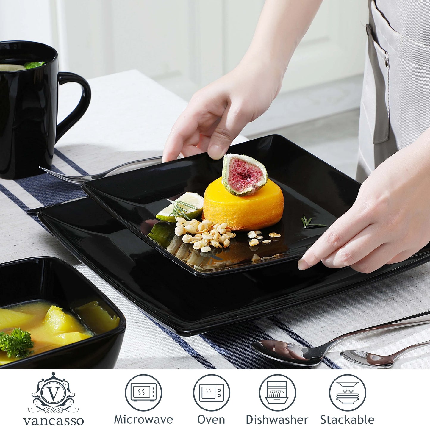 Malacasa Square Ceramic Porcelain Dinnerware Set Plates Bowls Mugs