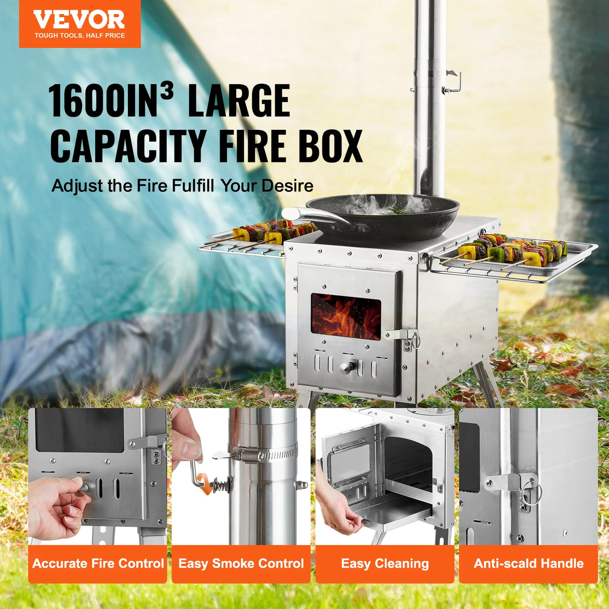 Portable Camping Wood Burning Stove With Chimney Pipes And Gloves