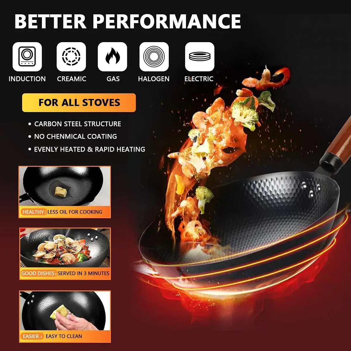 Carbon Steel Wok Pan Set With Wooden Lid And Utensils