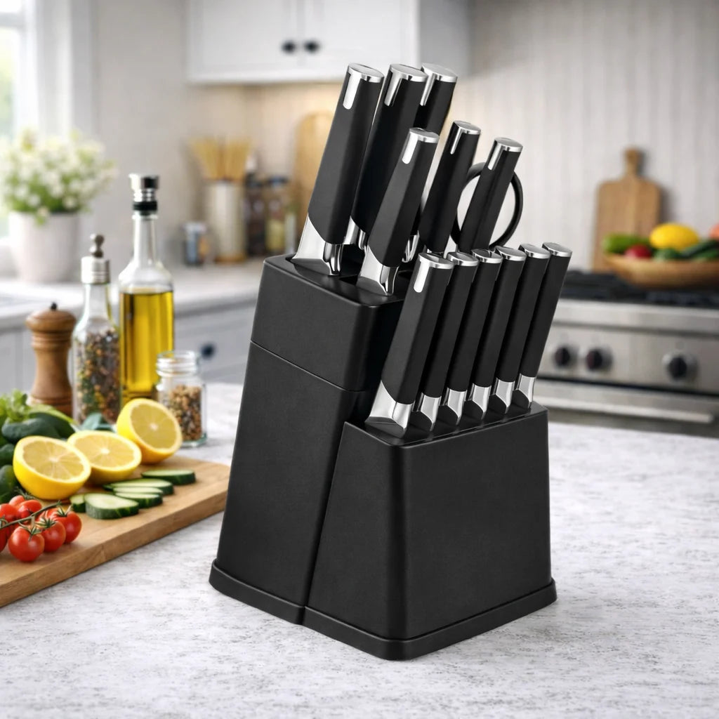 Knife Block Set With 6 Steak Knives High Carbon Stainless