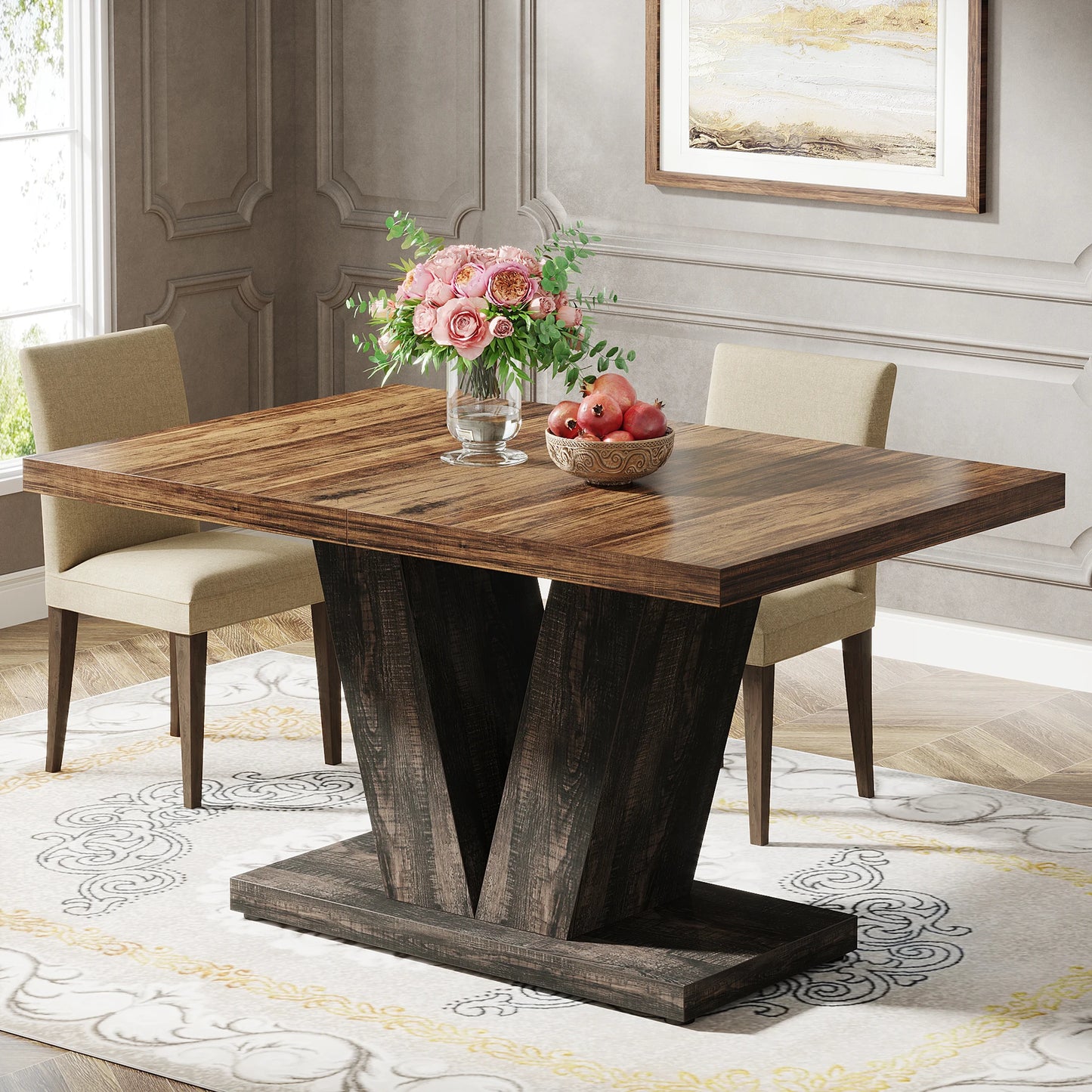 Tribesigns Dining Table Farmhouse Wood Pedestal For 4 To 6