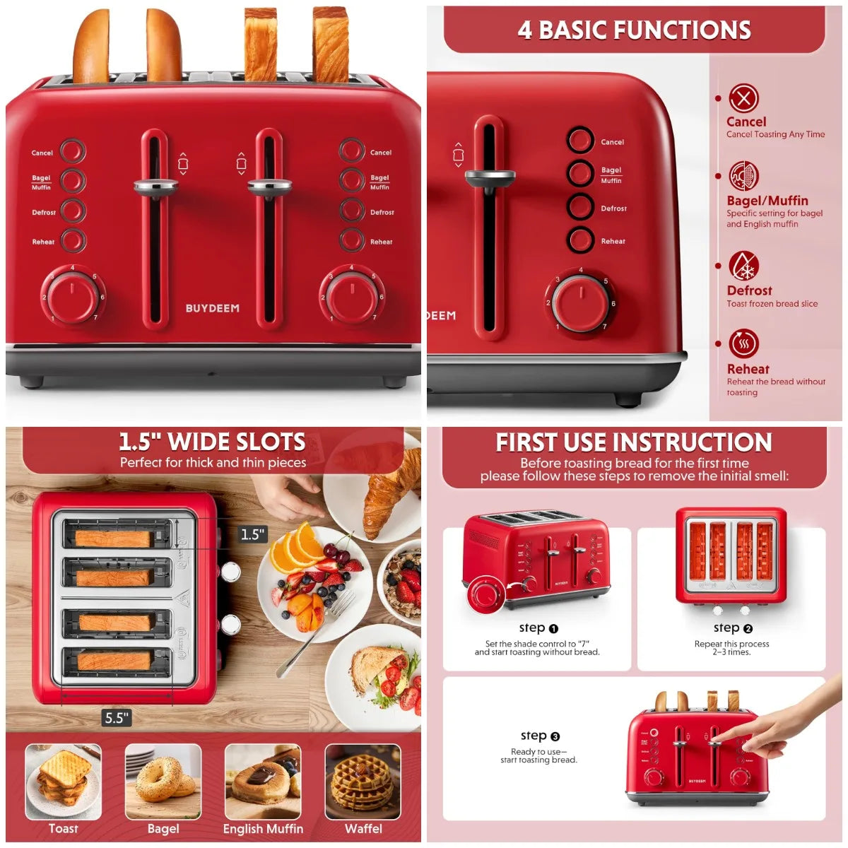XMSJ 4 Slice Toaster Stainless Steel With Extra Wide Slots