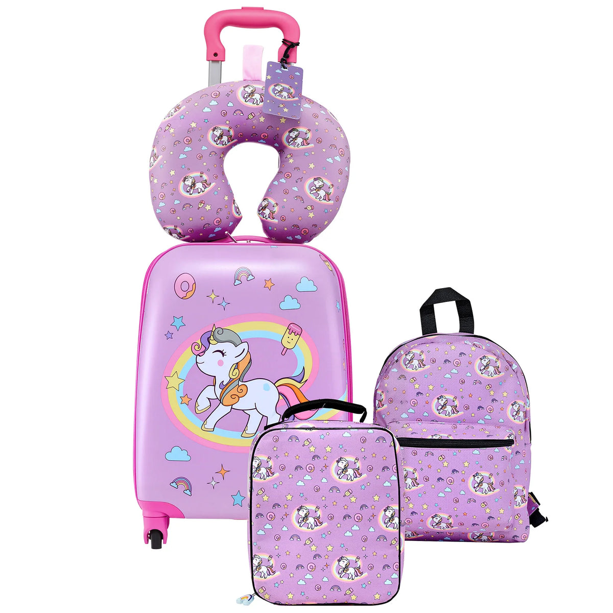 SucceBuy Unicorn Hardside Luggage Set with Backpack and Travel Pillow
