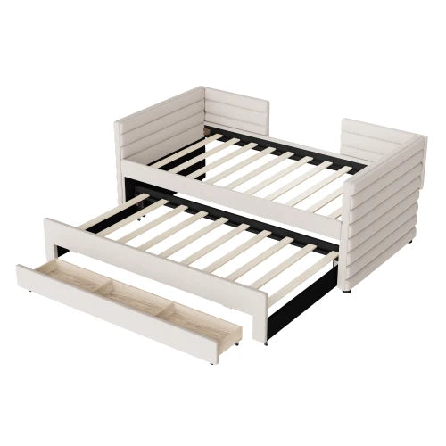 Modern Upholstered Daybed With Trundle And Three Storage Drawers