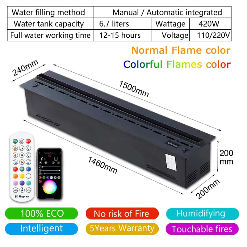 AFLYEVER Atomizing Fireplace Simulated Flame Humidifier With App Remote Control
