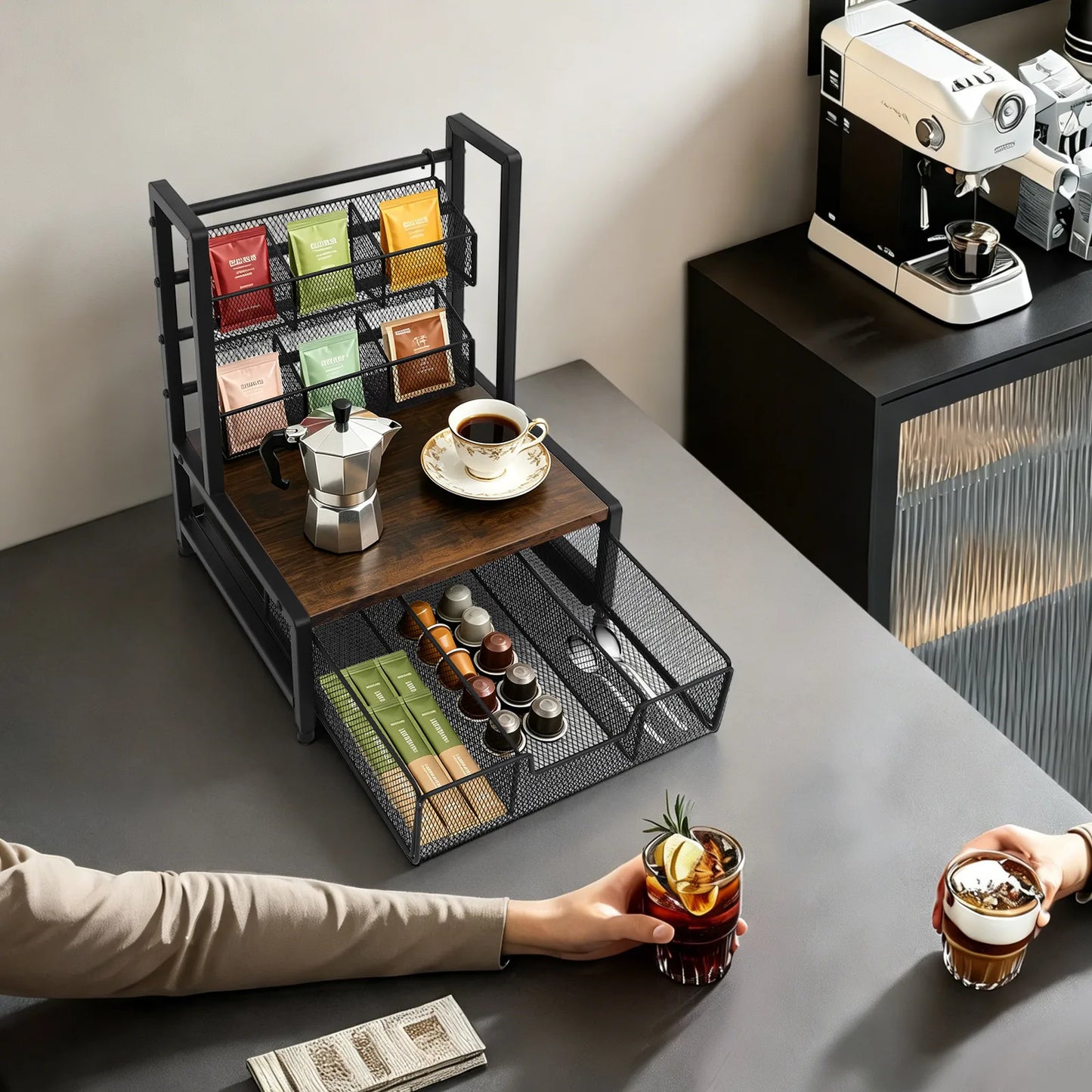 Kitchen Tea Bag Holder Counter Organizer Space Saver With Wire Baskets