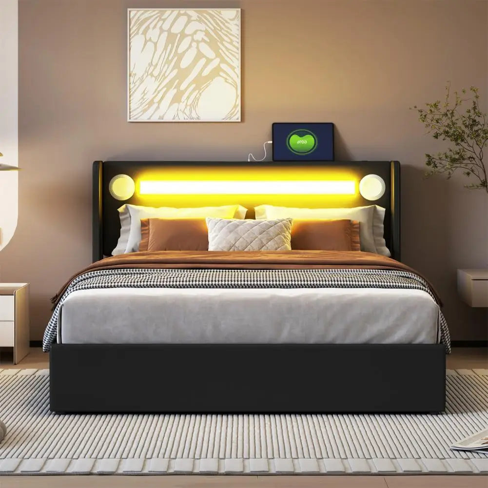 Bunk Bed With Mattress LED Light Strip Bluetooth USB Charging