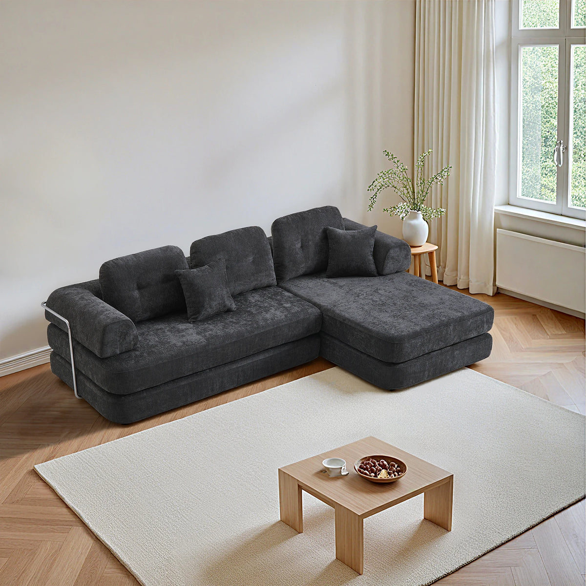 Boneless Foldable Convertible Chenille Futon Sleeper Sofa With Chaise