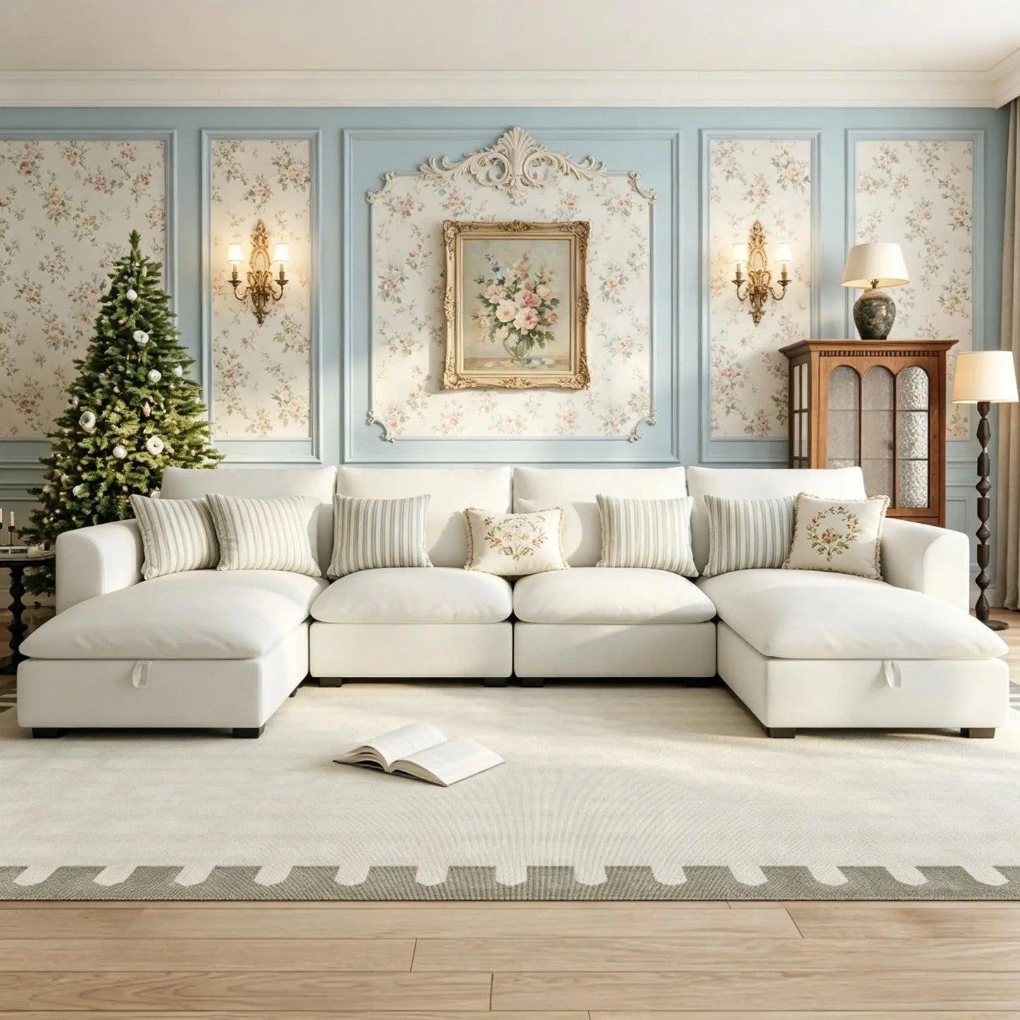 Modular U Shaped Corner Sofa Set With Two Ottomans For Living Room