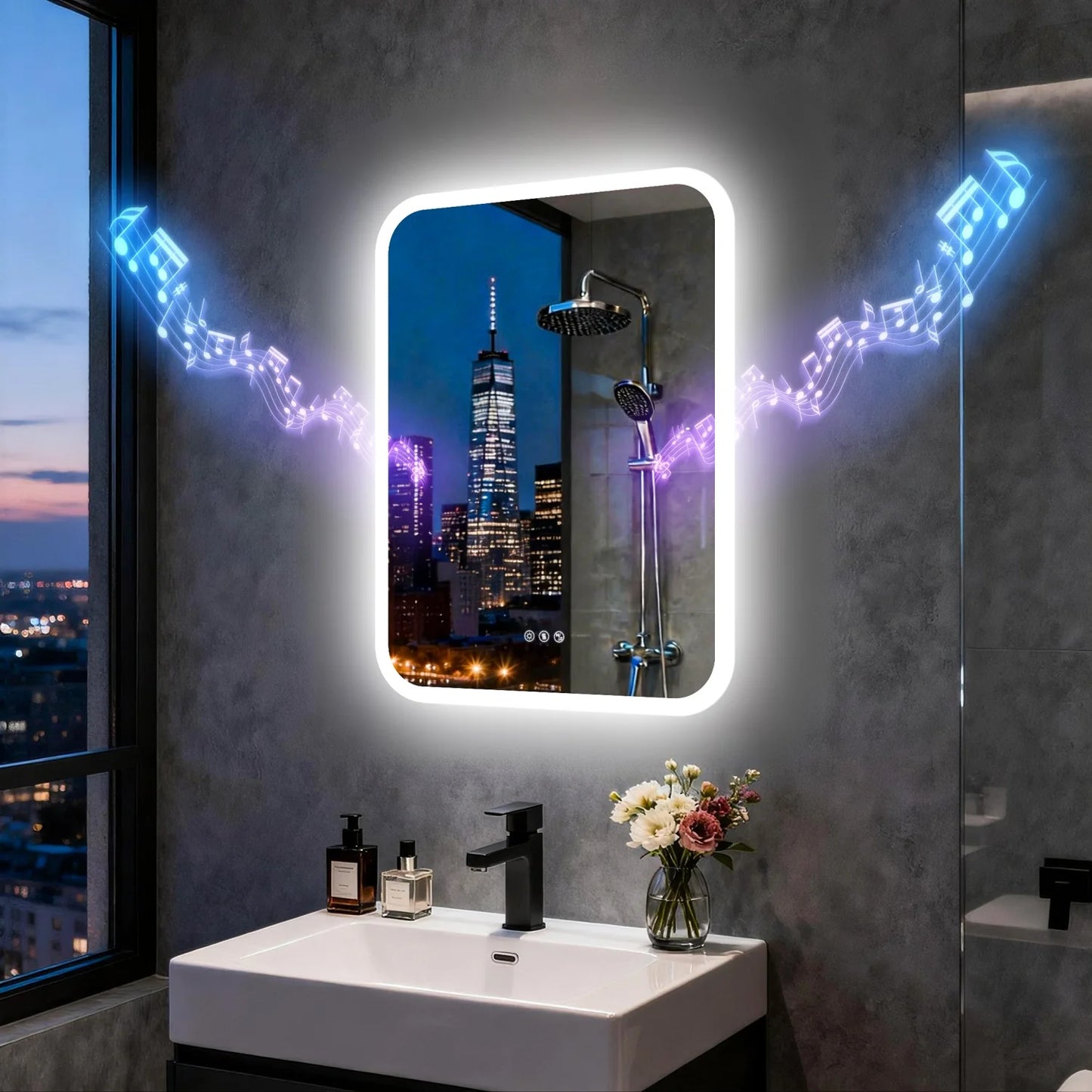 Rectangle LED Bathroom Mirror With Bluetooth Speaker Anti Fog Backlight Dimmable