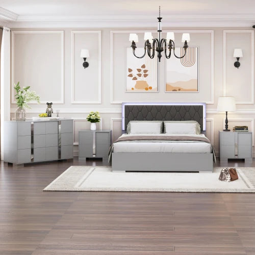 4-Piece Upholstered Bedroom Set With LED Lights And Mirrored Nightstands