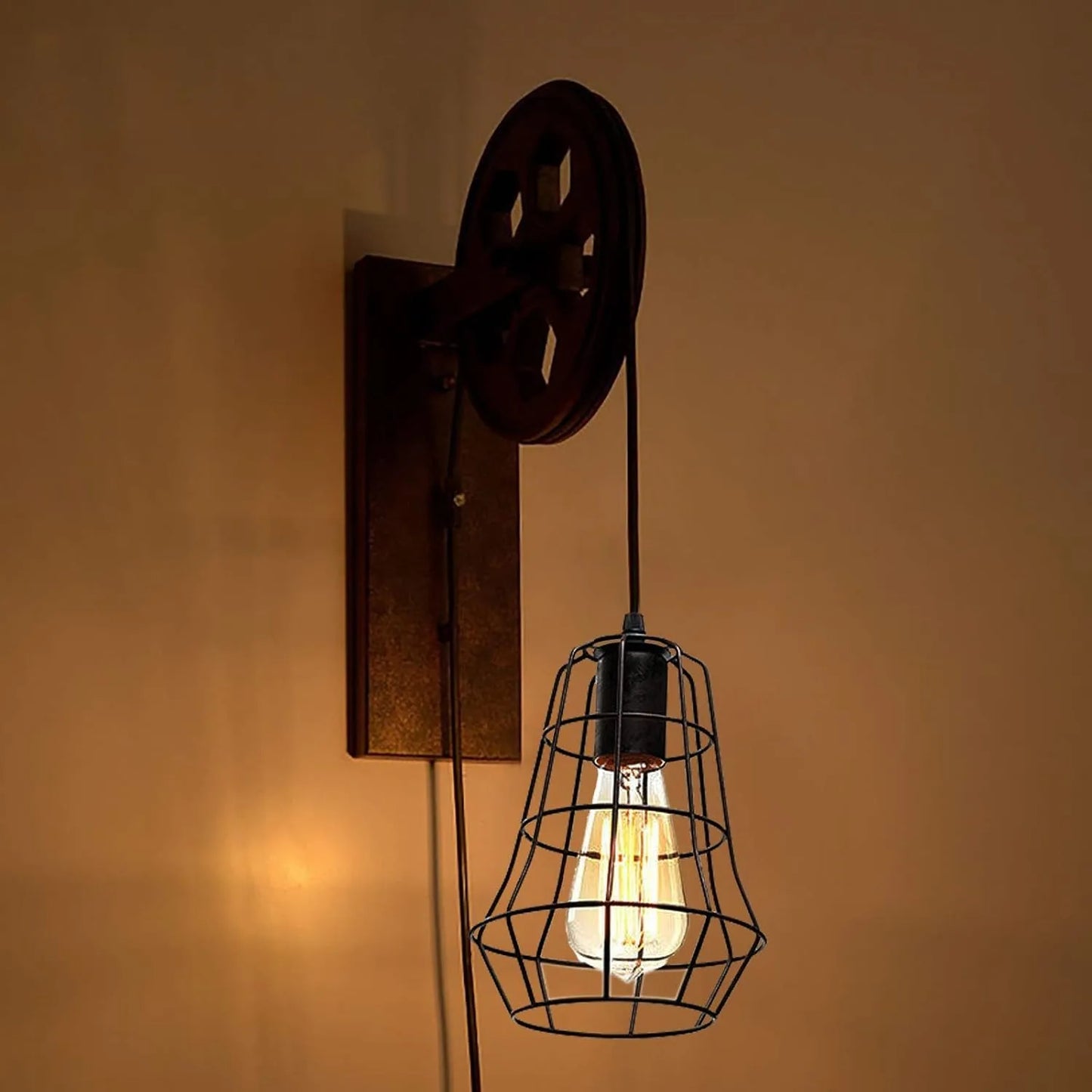 Bymaocar Industrial Wall Sconce Lift Pulley Lamp With Iron Cage