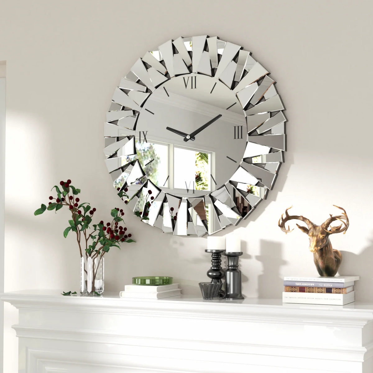 Mirrored Wall Clock With Beveled Glass Edge Silent Movement