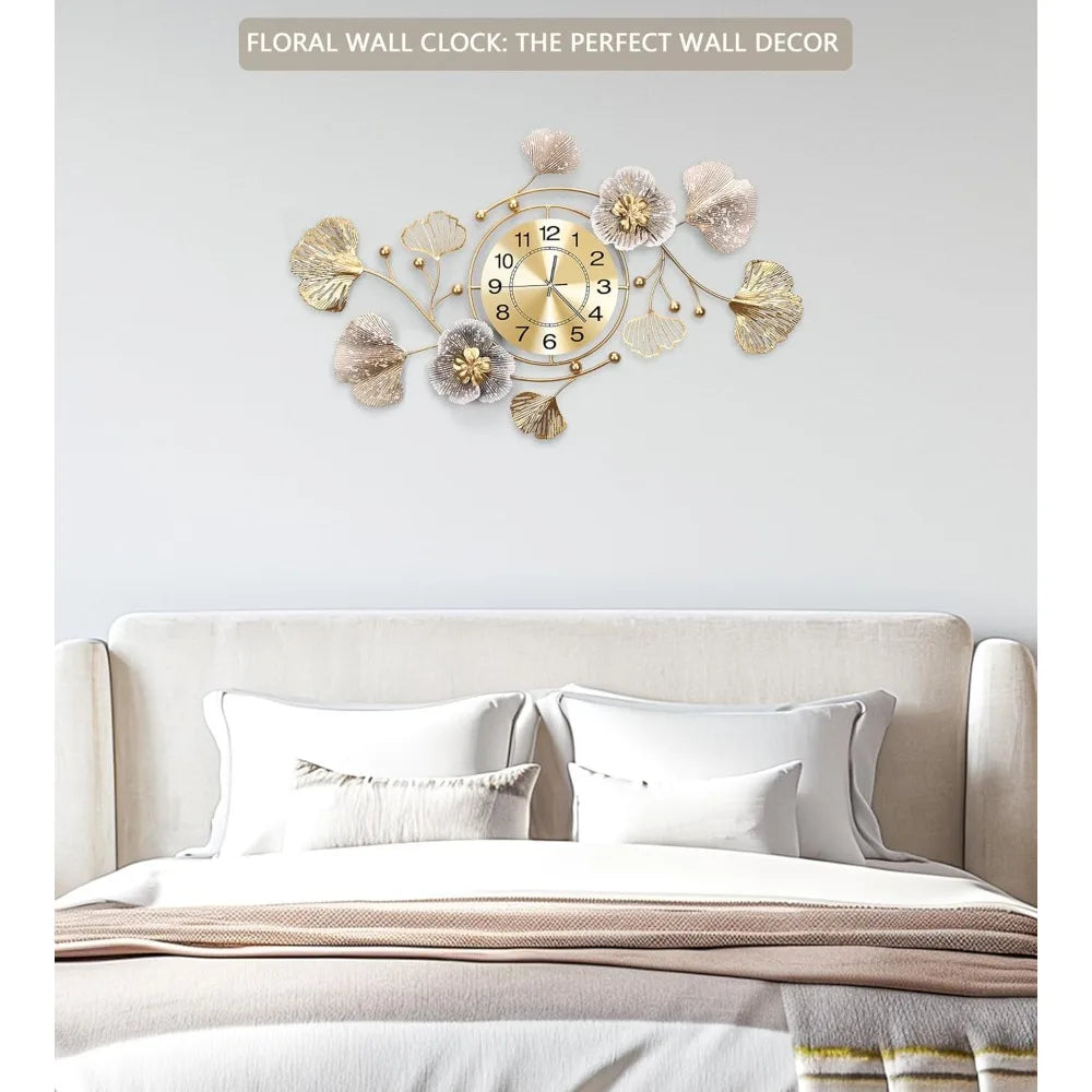 3D Silent Ginkgo Leaf Wall Clock With Retro Metal Design