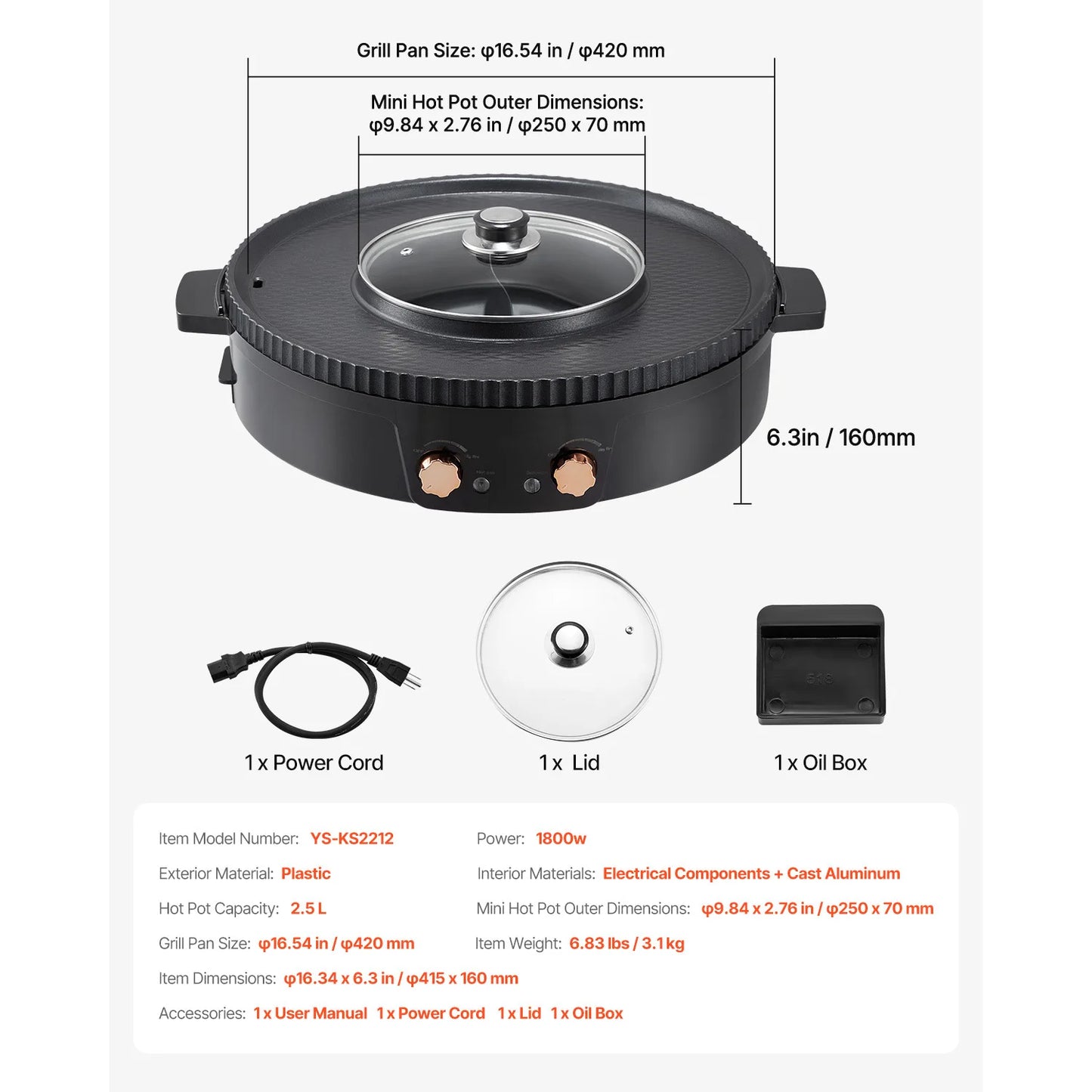 SucceBuy 1800W 2 In 1 Electric Hot Pot Grill Smokeless