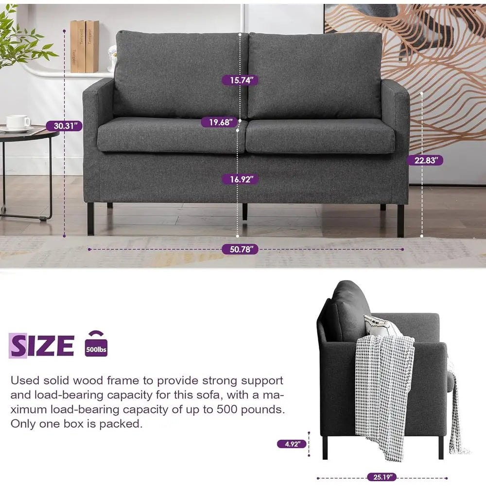 Linen Upholstered Loveseat Sofa With Iron Legs For Living Room