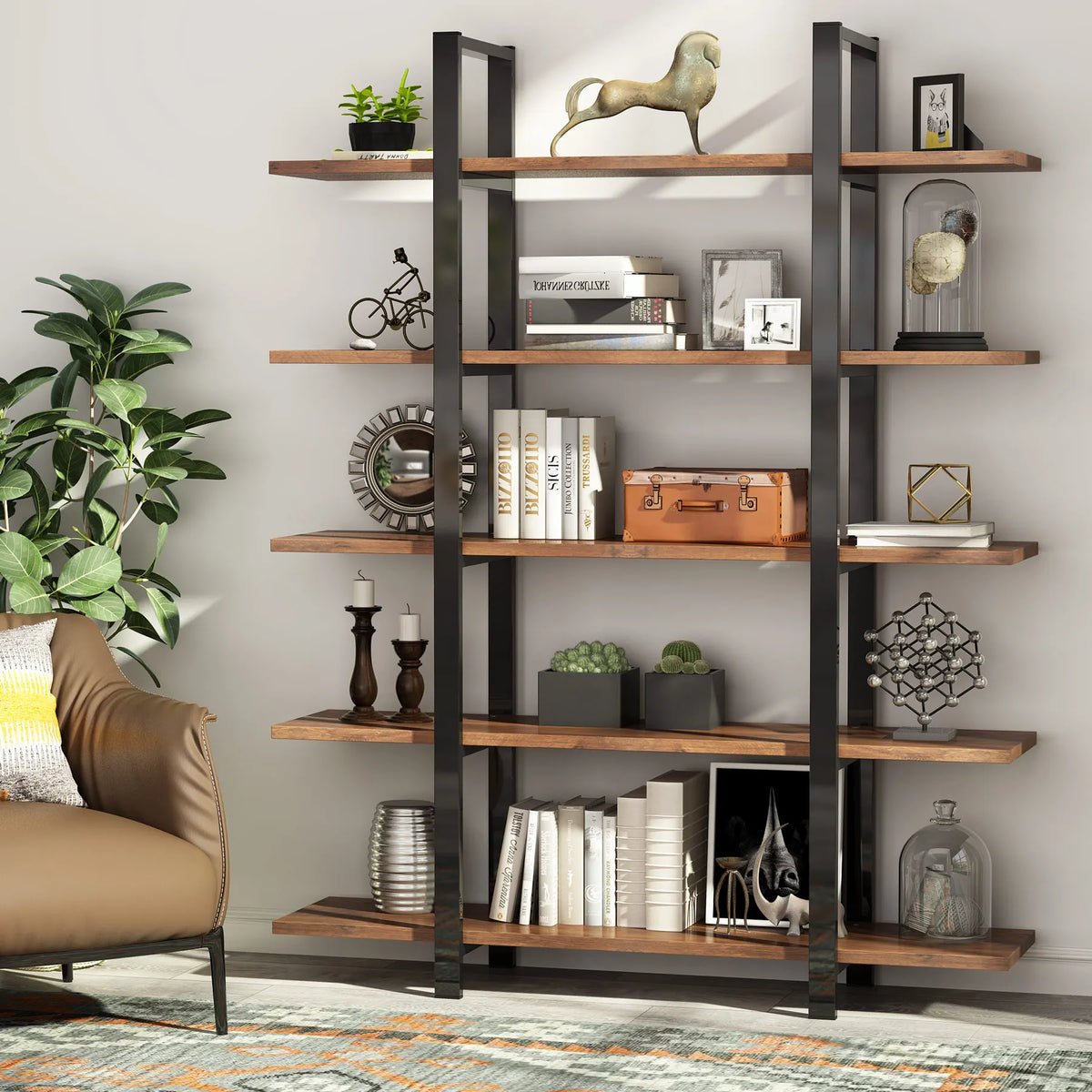 Tribesigns Industrial Bookshelf Open Shelves Metal Wood Storage Cabinet