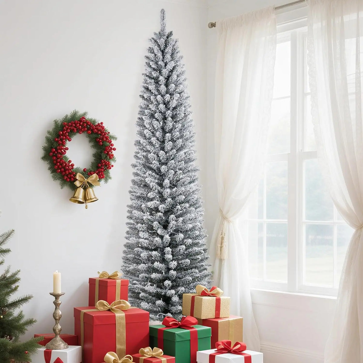 Studyset Flocked Pencil Christmas Tree With Lights And Metal Stand