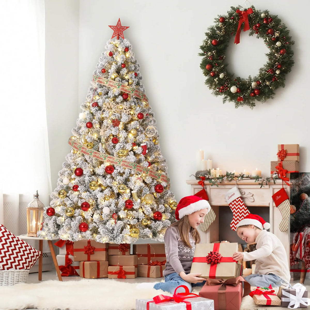 Studyset Snowy Artificial Christmas Tree With 100 Pre Lit Lights