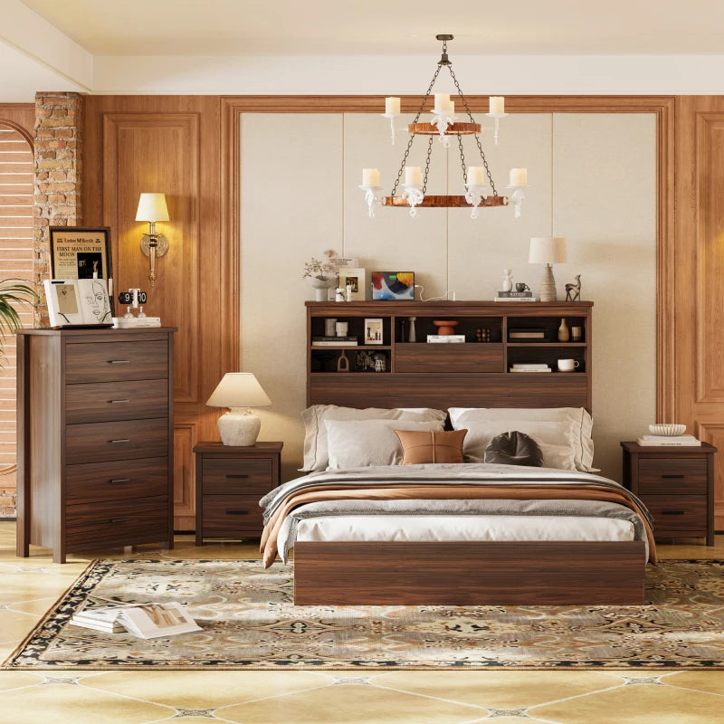4 Piece Wooden Bedroom Set With Bed Frame Nightstands And Dresser