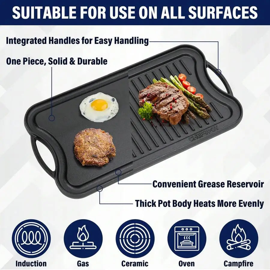 XMSJ Cast Iron Reversible Grill And Griddle Pan Preseasoned