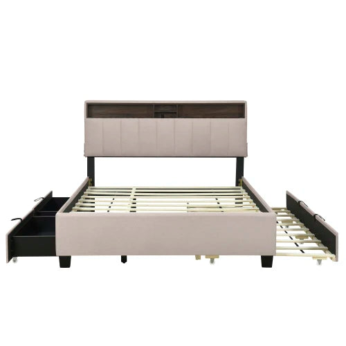 Upholstered Platform Bed With Storage Headboard And USB Ports