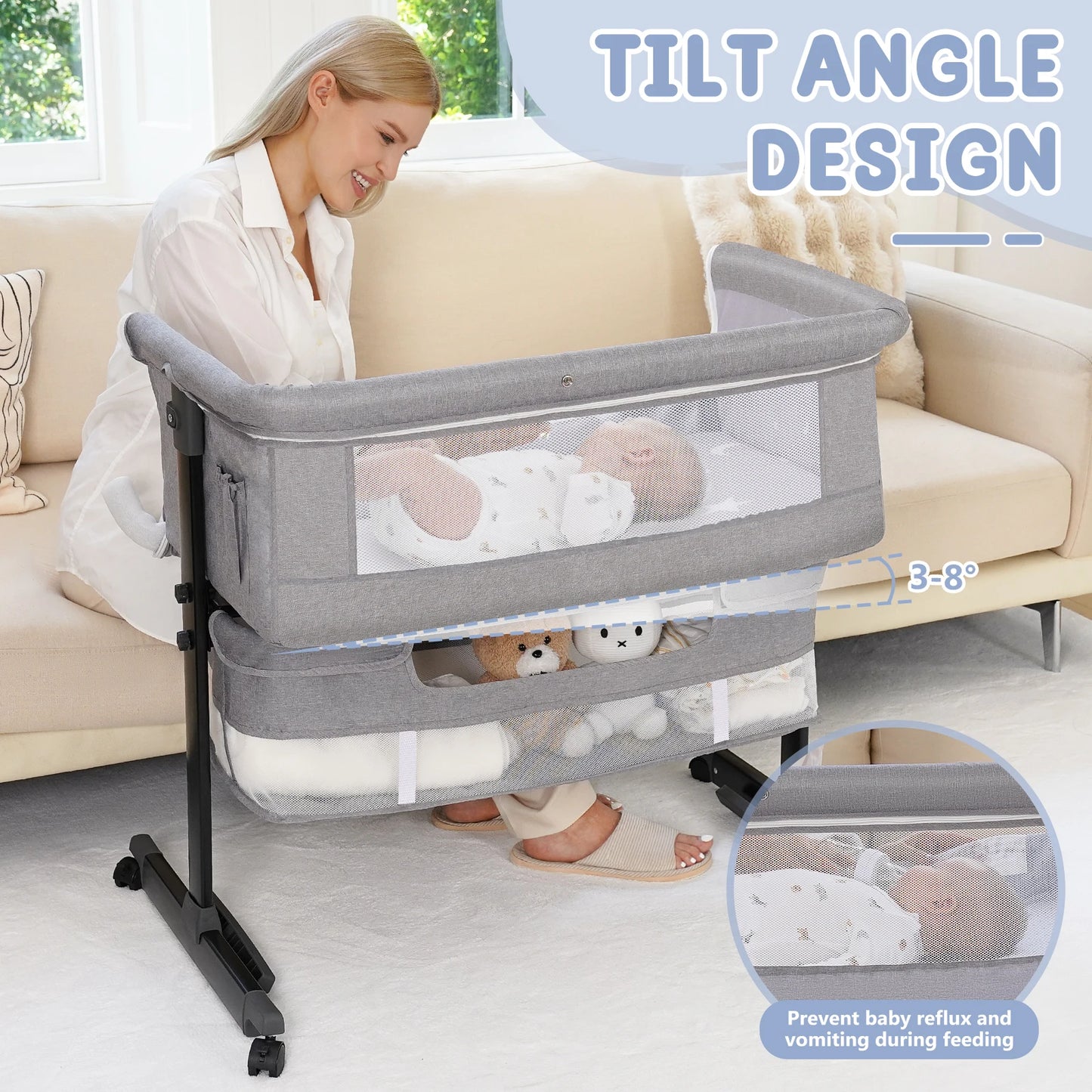 Baby Bedside Bassinet 3 in 1 Crib Portable Foldable