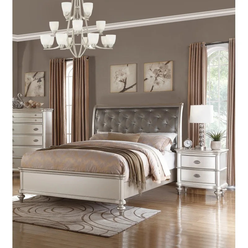 Glamorous 3Pc Bedroom Set Tufted Headboard With Nightstands