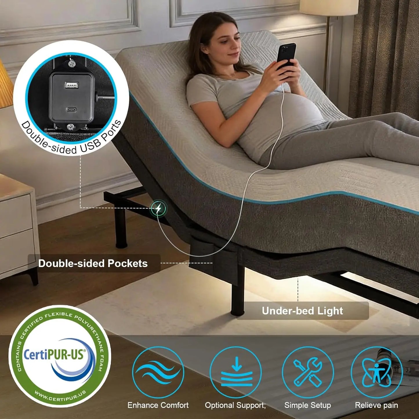 Adjustable Bed Frame With Gel Memory Foam Mattress