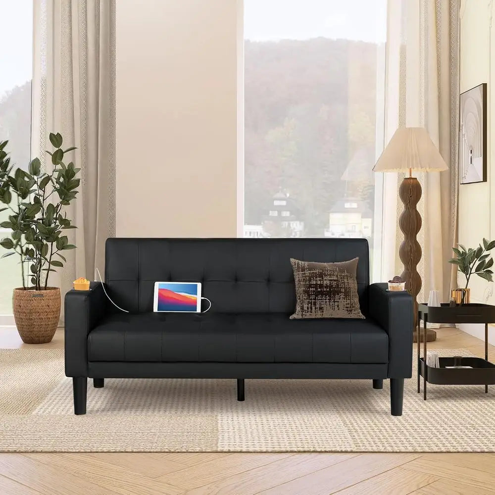 Upholstered Leather Loveseat Sofa With USB Ports And Cup Holders