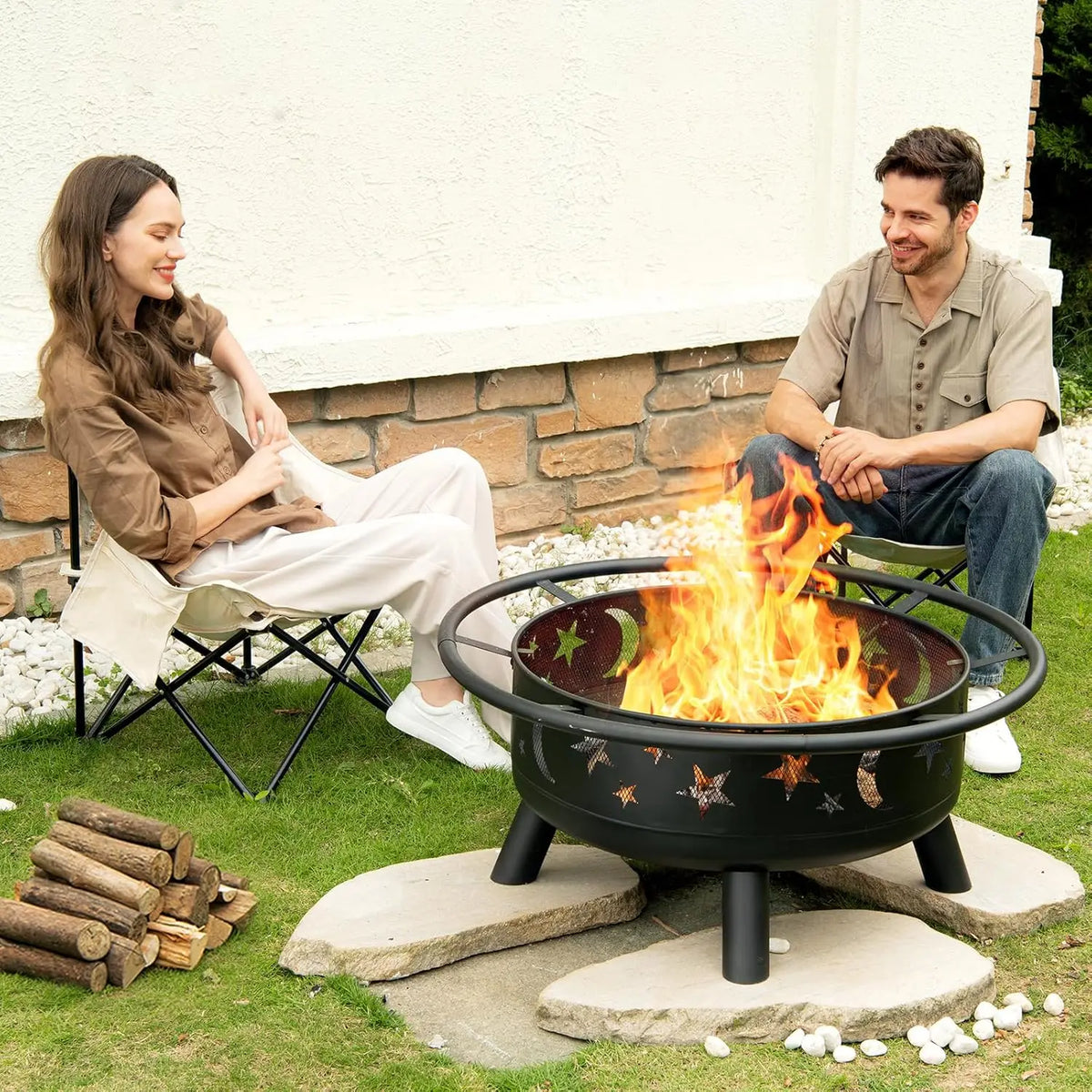 Metal Wood Burning Fire Pit With Mesh Cover Fire Poker