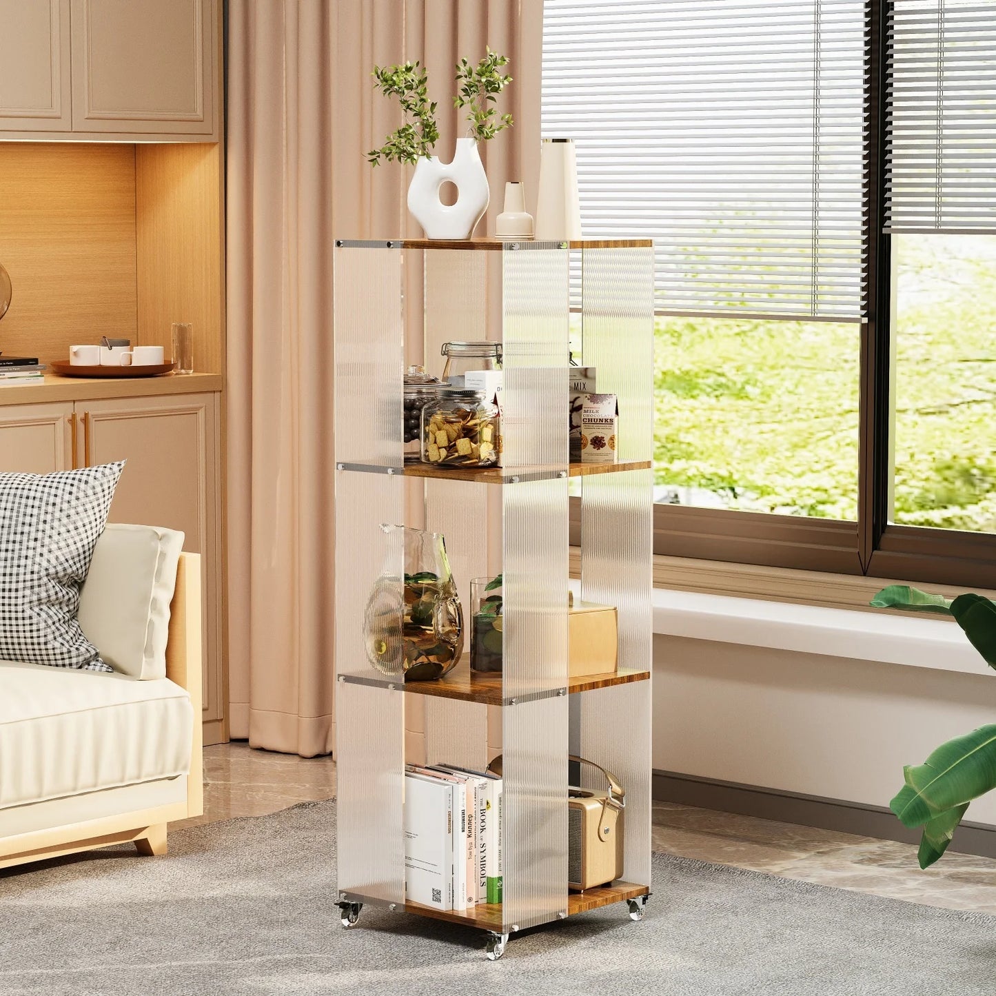 4 Tier Storage Bookshelf On Wheels With Acrylic Panels
