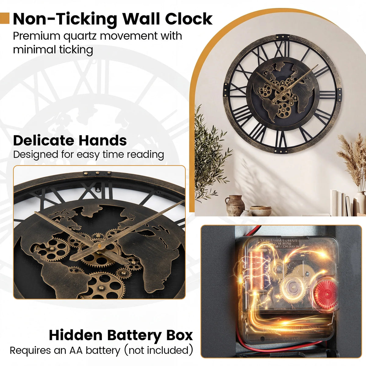 HOMASIS Silent Decorative Metal Gear Wall Clock With World Map