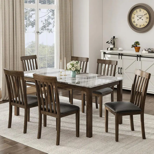Ticify 7 Piece Solid Wood Dining Set With Marble Table