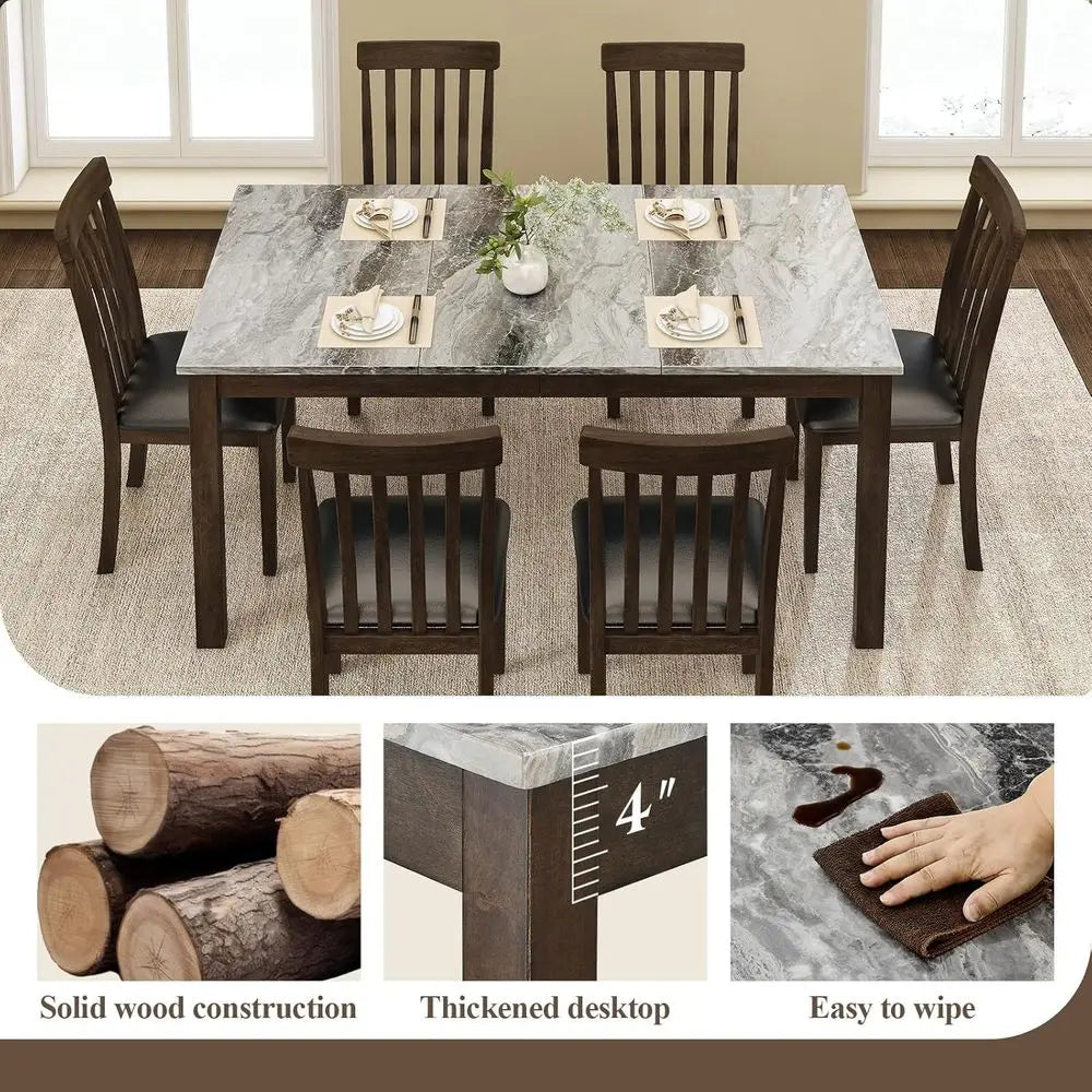 Ticify 7 Piece Solid Wood Dining Set With Marble Table