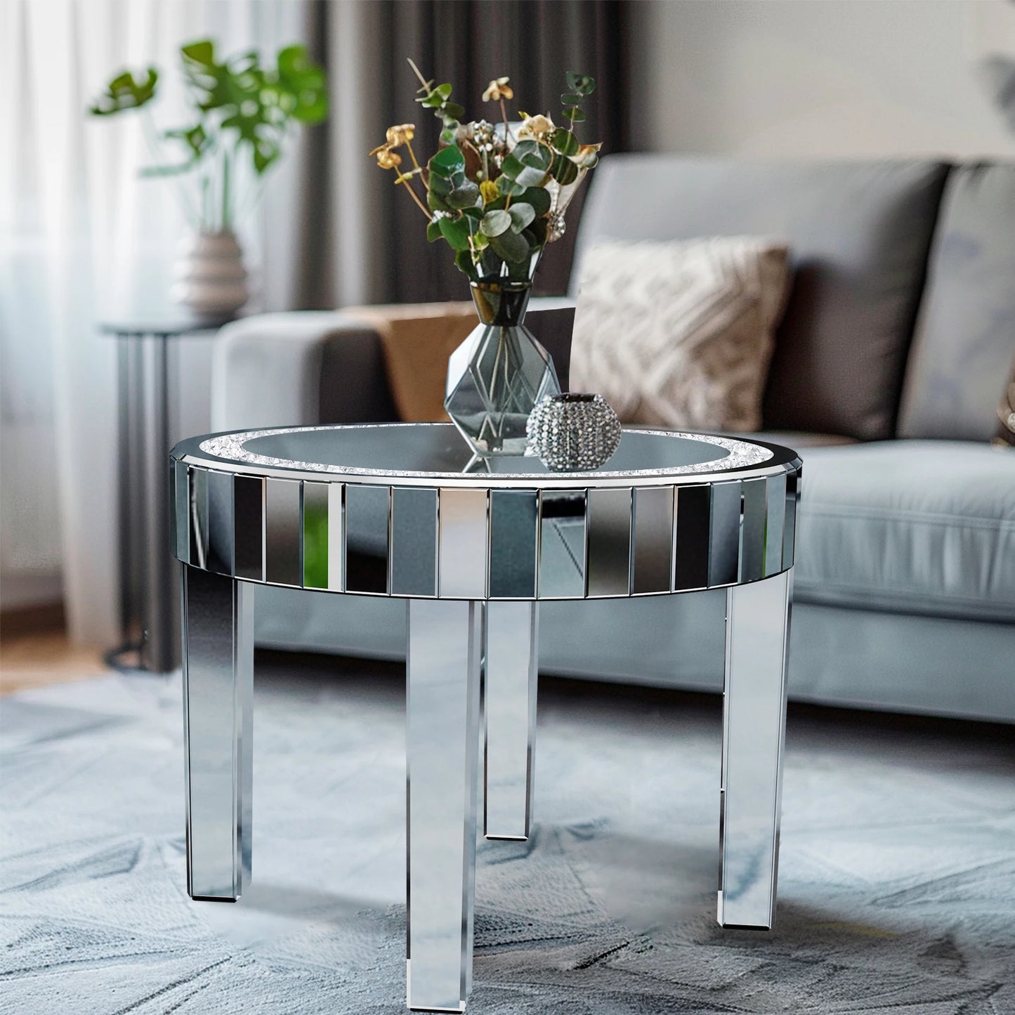Wisfor Round Mirrored Accent Table Crystal Mirror Legs Diamond Edge