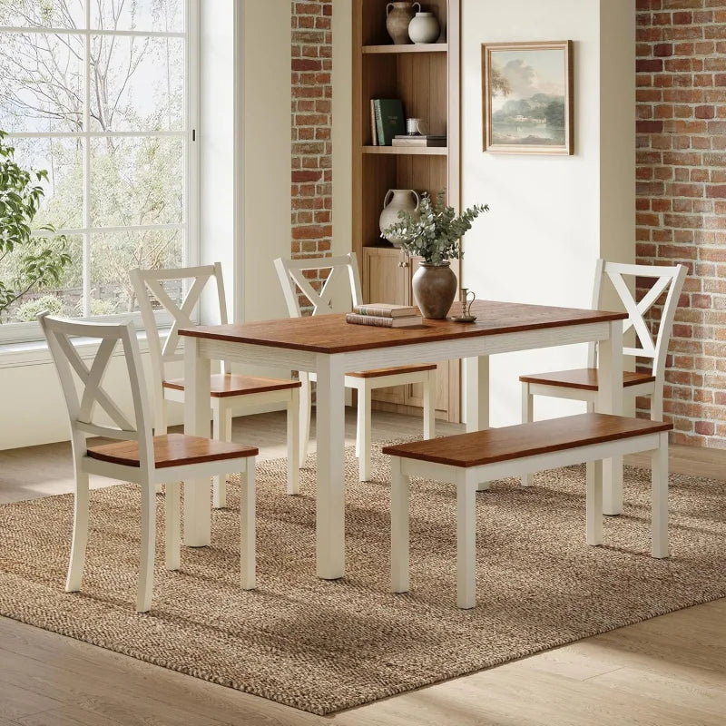 Farmhouse 6-Piece Dining Set With Wooden Table And Chairs