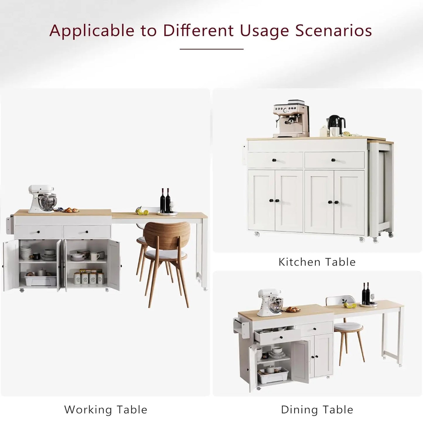 Extendable Kitchen Island With Rolling Cart And Spice Rack