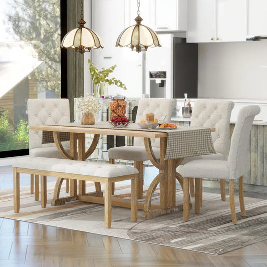 Retro Rectangular Dining Table Set With Upholstered Chairs And Bench
