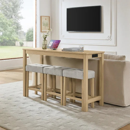 Solid Wood And MDF Dining Table Set With Upholstered Stools
