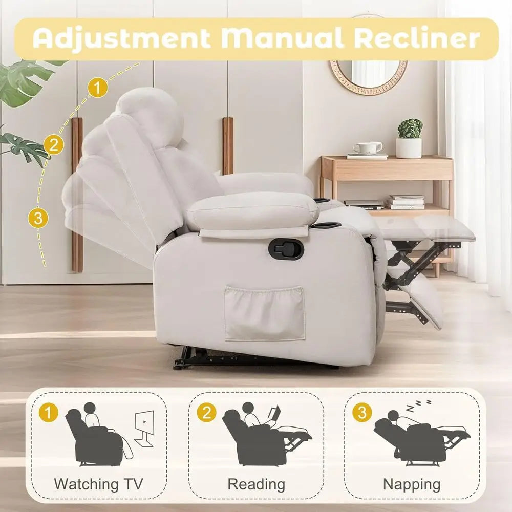 Manual Recliner Chair With Adjustable Backrest And Cup Holders