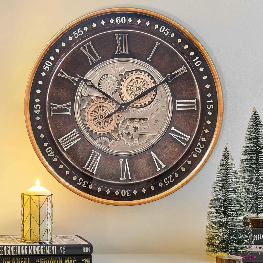 Industrial Steampunk Wall Clock With Moving Gears Antique Metal